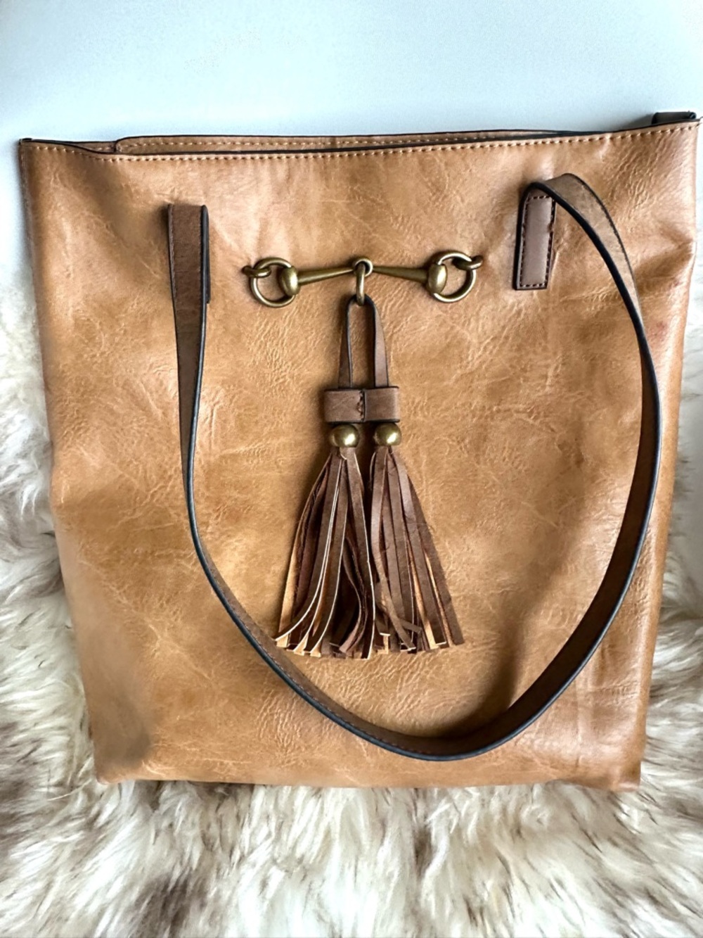 Liz Soto Camel Two-n-One Tote Bag with Tassel, beautiful Vegan Leather
